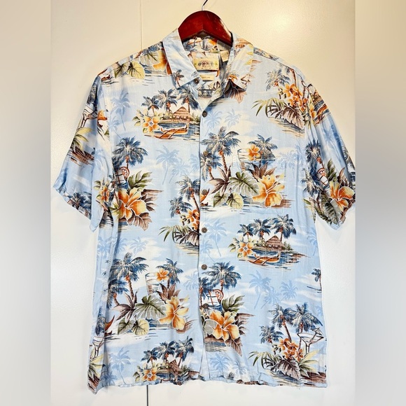 Campia Moda Men's Hawaiian Button Shirt L 100% Rayón All Over Boats Palm Trees - Picture 1 of 8